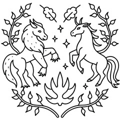 Fantasy Forest Creatures Imaginative line art of mythical forest animals like unicorns, phoenixes, and dragons intertwined with vines and trees Adobe Illustrator Artwork
