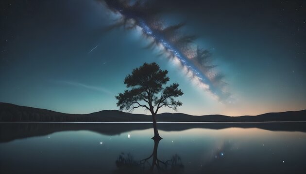 Un &aacute;rbol solitario parado en un lago tranquilo por la noche, con la V&iacute;a L&aacute;ctea visible en el cielo estrellado