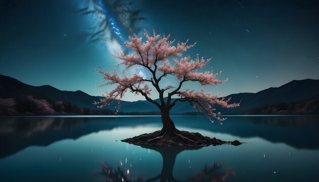 Un &aacute;rbol solitario parado en un lago tranquilo por la noche, con la V&iacute;a L&aacute;ctea visible en el cielo estrellado