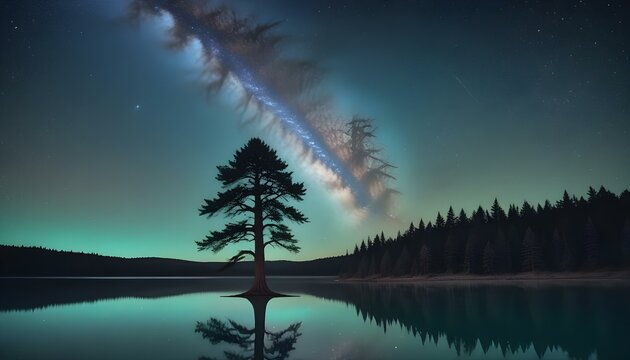 Un &aacute;rbol solitario parado en un lago tranquilo por la noche, con la V&iacute;a L&aacute;ctea visible en el cielo estrellado