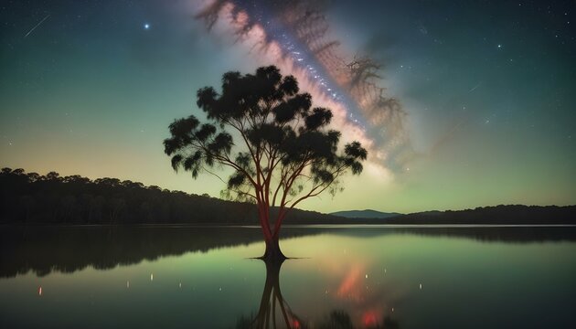 Un &aacute;rbol solitario parado en un lago tranquilo por la noche, con la V&iacute;a L&aacute;ctea visible en el cielo estrellado