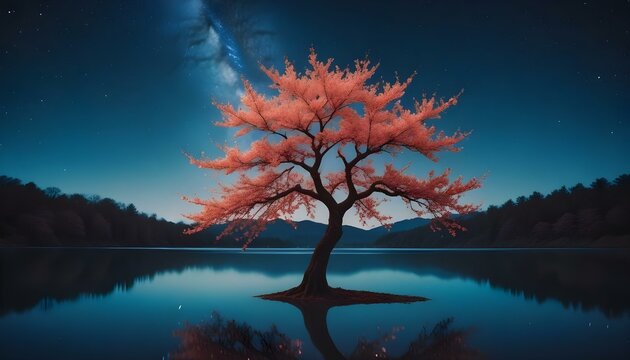 Un &aacute;rbol solitario parado en un lago tranquilo por la noche, con la V&iacute;a L&aacute;ctea visible en el cielo estrellado