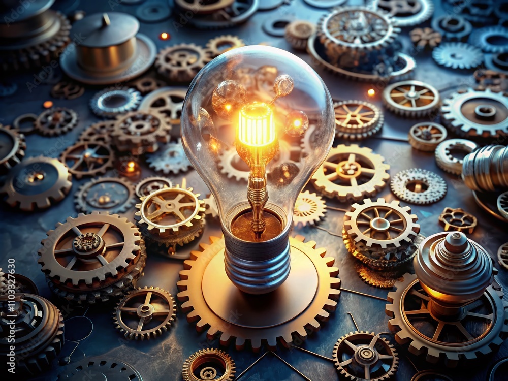 Poster aerial view of a lightbulb with intricate gears: a symbol of innovation and technology, emphasizing 