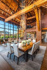 Fototapeta premium Modern Dining Room in Loft Style Building with Exposed Wooden Beams