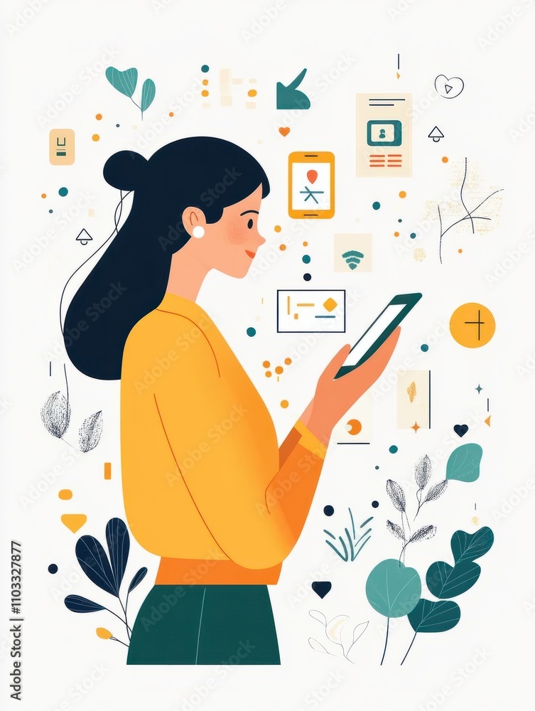 Poster a woman operating a mobile device and icons representing various functions
