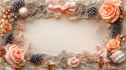 Festive delicate white and pink Victorian style Christmas background with pine cones, bows, flowers and snowflakes.Airy winter frame for holiday cards, invitations or product displays