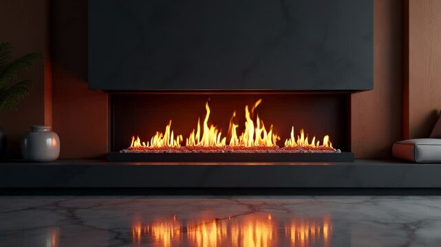 Modern linear fireplace with sleek design and vibrant flames creating a minimalist and stylish ambiance