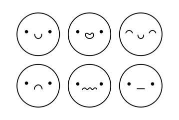 A cute emoji set with different facial expressions. Doodle characters with happy, joyful, sad, disappointed, surprised mood. Vector hand-drawn illustration. Perfect for social media, stickers.