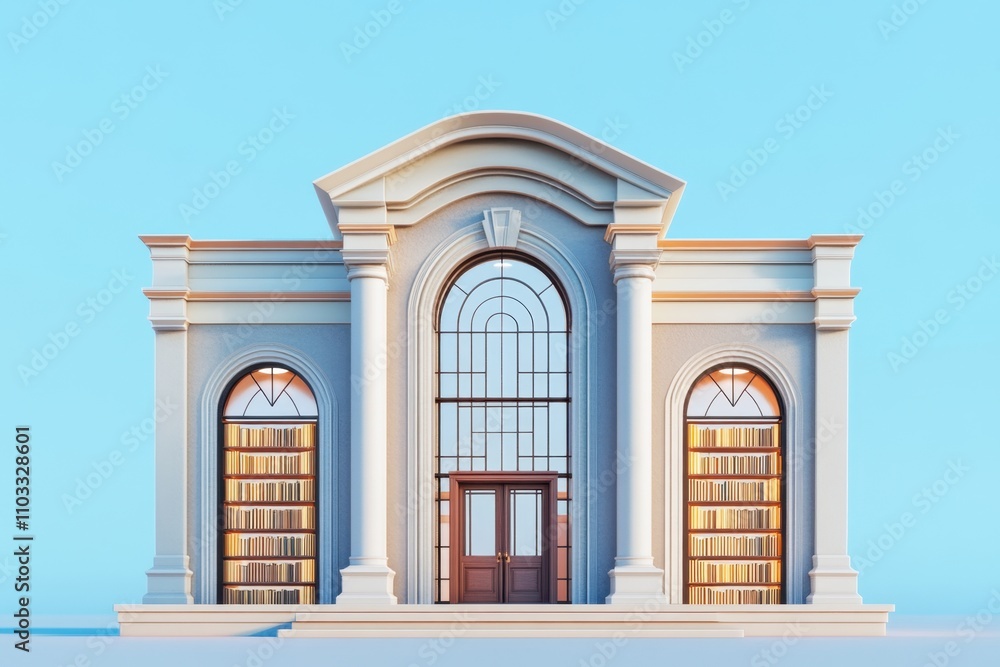 Poster a large building with a lot of books on the front