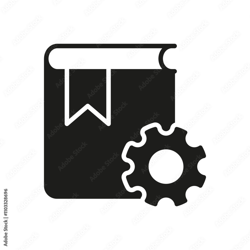 Poster book and gear silhouette icon for settings and support guide. manual and configuration glyph symbol 