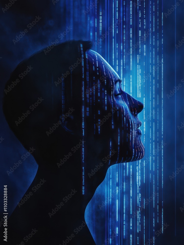 Poster abstract glowing digital profile on blue background with binary code and mockup space. id and digita