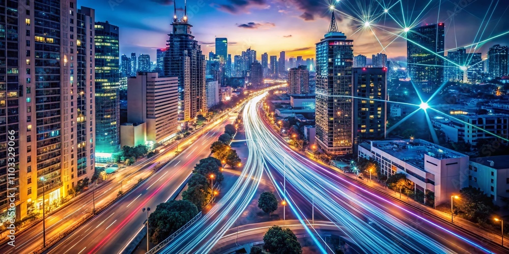 Poster aerial view of a minor city street with high-speed data flow representing ai generative technology a