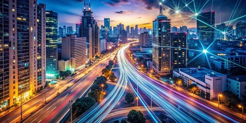 Obraz premium Aerial View of a Minor City Street with High-Speed Data Flow Representing AI Generative Technology and Urban Connectivity in a Modern Setting at Dusk