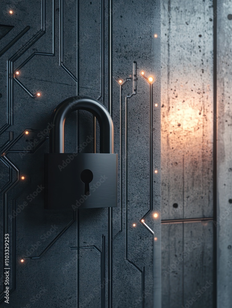 Poster abstract padlock on circuit lines in concrete interior with mock up place. privacy and technology co