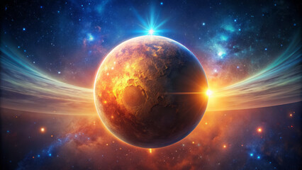 Obraz premium vibrant, glowing planet surrounded by colorful cosmic clouds and stars in mesmerizing space scene. celestial body radiates warmth and energy, creating captivating cosmic atmosphere