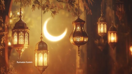 Obraz premium Elegant Ramadan Celebration - Lanterns, Crescent Moons, and Islamic Motifs for Festive Designs