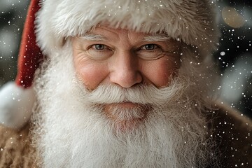 A joyful Santa Claus with a white beard wears a festive red hat surrounded by snow. Generative AI.