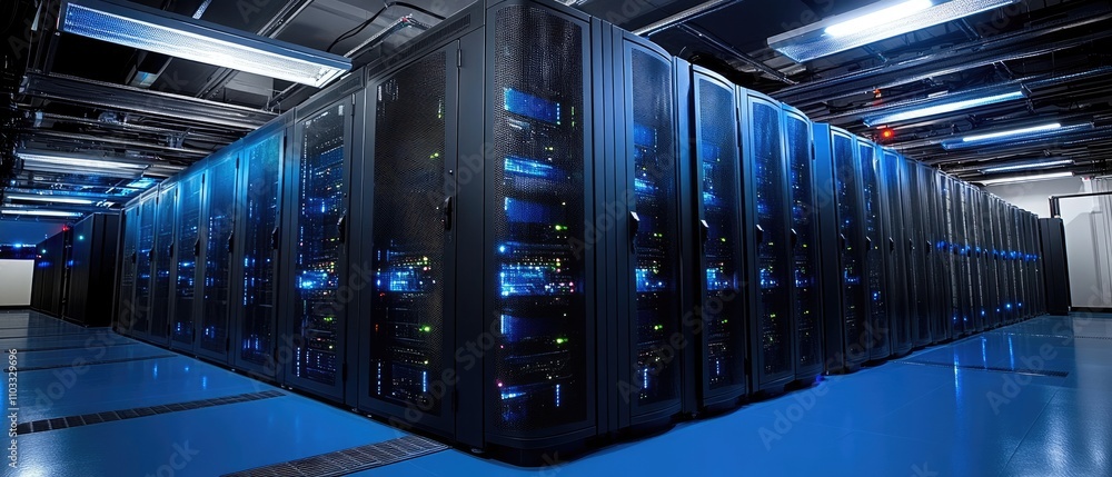 Poster a modern data center filled with server racks, showcasing advanced technology infrastructure.