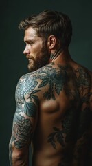 Muscular Bearded Man with Tattoos in High-Res Fitness Portrait