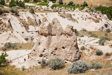 Mountain landscape in Cappadocia, Central Anatolia region, Turkey. Tuff mountains.