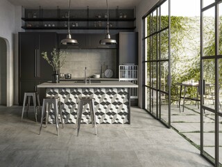 Interior of stylish kitchen with gray walls, concrete floor and marble bar with stools, wooden dining table with black chairs, grey marble kitchen countertop, black shelfs, window wall. 3D Rendering