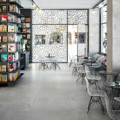 Office library interior design with concrete flooring, chairs and tables, book shelf with a lot of books. No People. 3D Illustrations. Mockup. 3D Renderings.