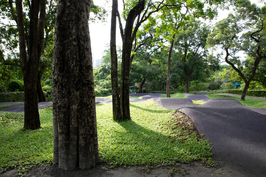 Black ethylene-propylene diene (EPDM) rubber track in the park. Balance bike lane for children.