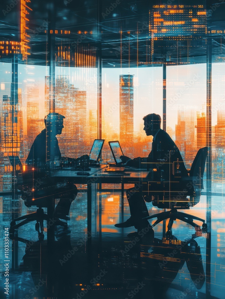 Aufkleber backlit businesspeople working tohether in abstract blurry office interior with business charts and 
