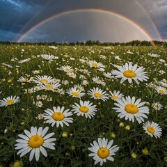 Naklejka premium A field of daisies under a rainbow after a summer rainstorm.