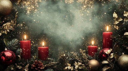 Holiday cheer with red candles surrounded by glimmering gold ornaments green pine leaves and a festive light display