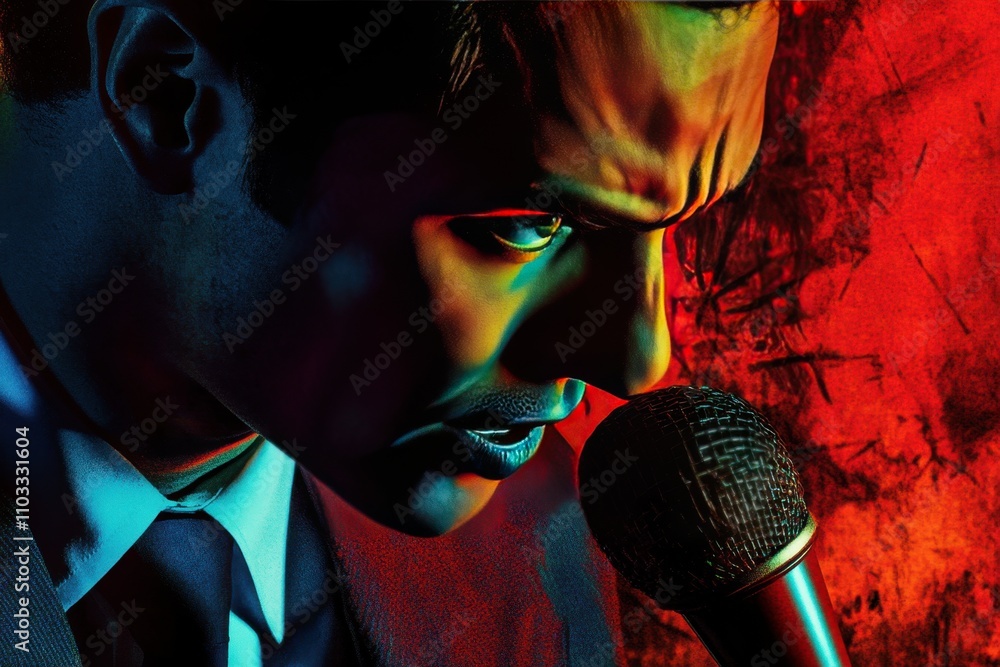 Poster a man with a microphone is on a red background