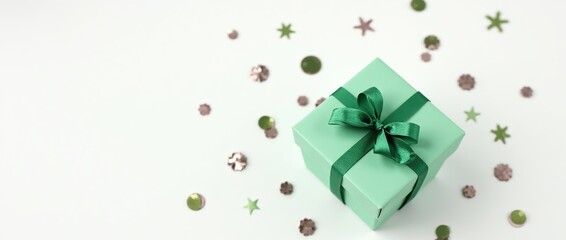 Obraz premium Green gift box with confetti on white background