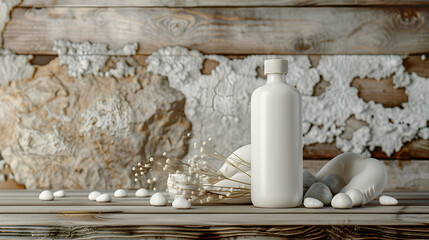 Fototapeta premium Blank white bottle on wooden brick, white stones around and ear as decor. Front view, copy space.