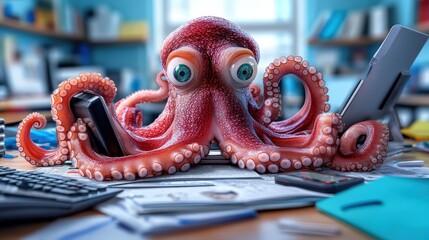 An imaginative octopus engaging with various gadgets and papers in a playful office setting, representing creativity, adaptability, and multitasking skills in a fun way.