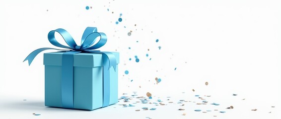 blue gift box with confetti on white background