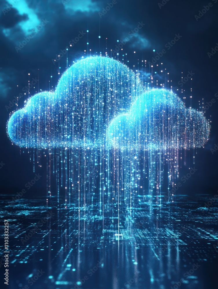 Poster big data transfer concepts in internet. abstract virtual stream. flowing digital code. storage cloud