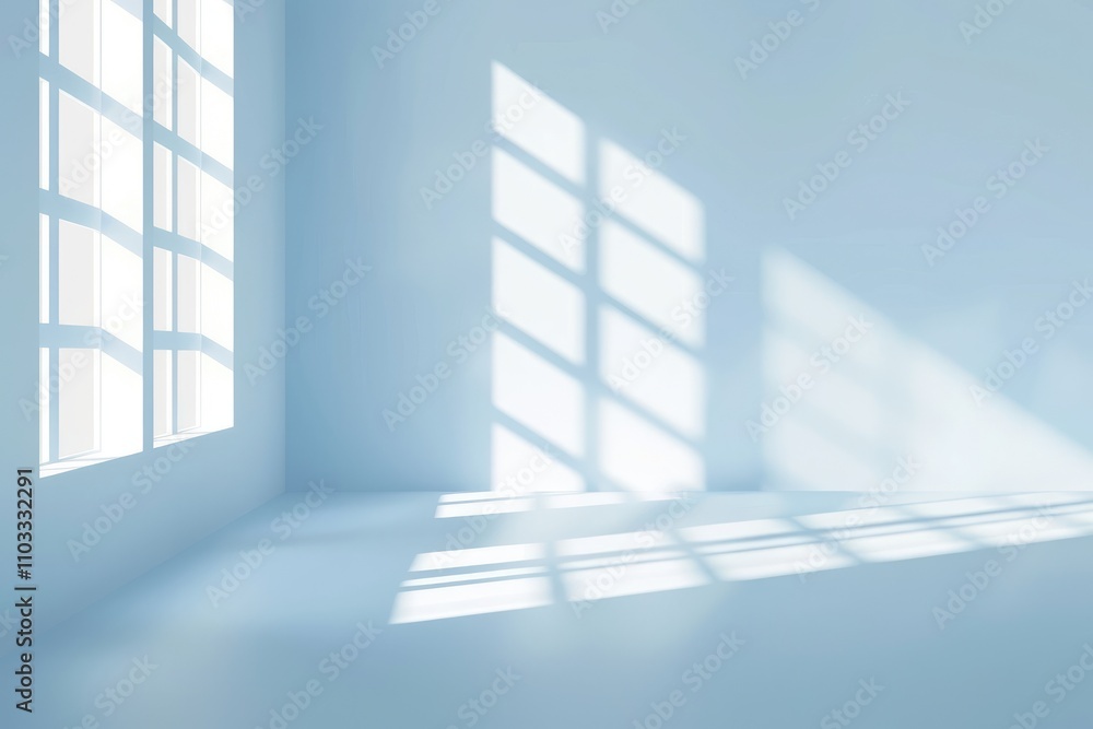 Poster a minimalistic room with soft light casting shadows from windows.