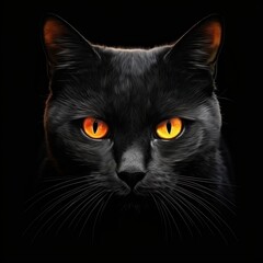 Black cat portrait, glowing eyes, dark background.