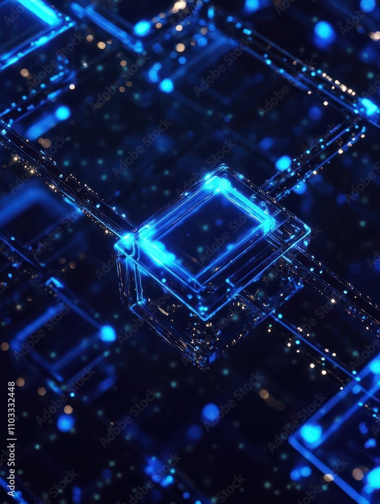 Poster blockchain security digital technology concept with glowing blue digital chain on dark backdrop. 3d 