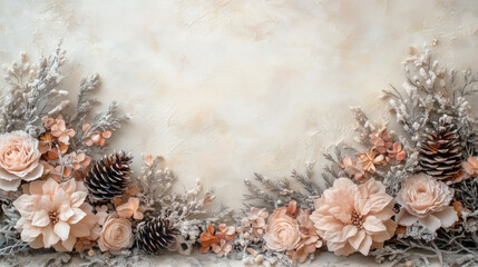 Festive delicate white and pink Victorian style Christmas background with pine cones, bows, flowers and snowflakes.Airy winter frame for holiday cards, invitations or product displays