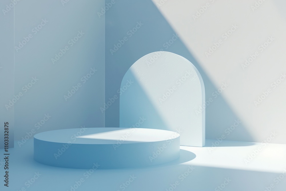 Poster a minimalist blue scene featuring a circular platform and an arch, emphasizing light and space.