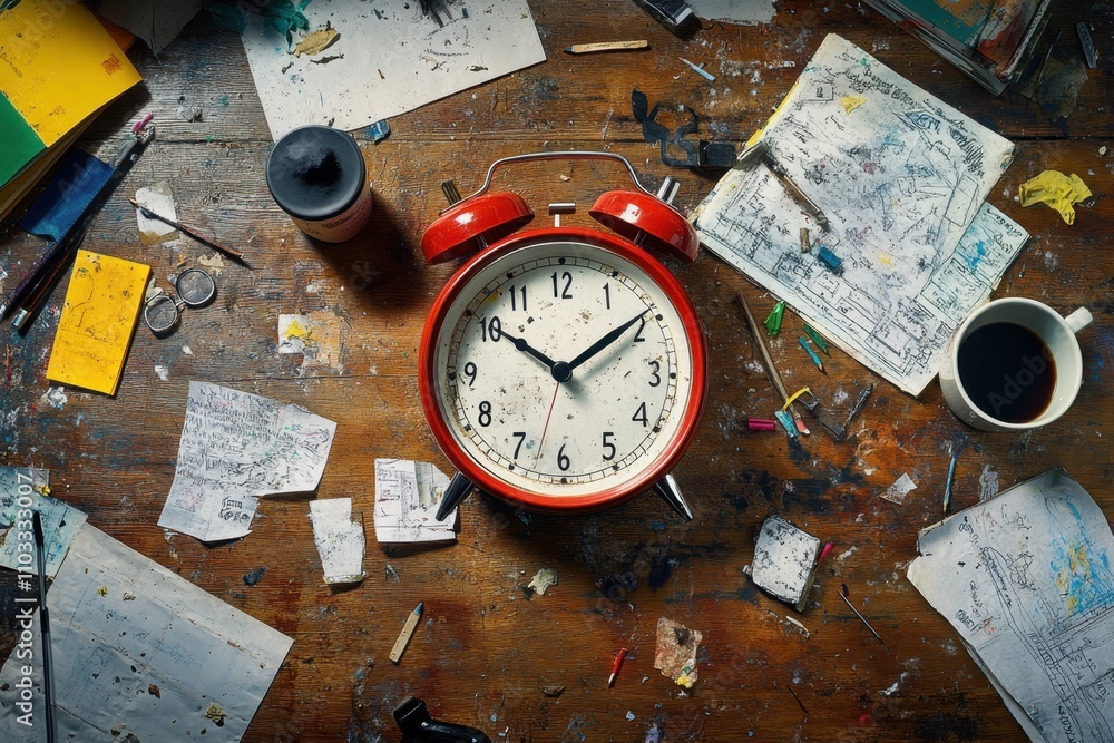 Poster a red alarm clock sits on a cluttered desk with papers and other items