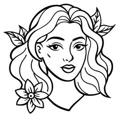 Female Silhouette with Florals, An artistic silhouette of a woman’s face adorned with blooming flowers and flowing leaves, drawn in fine line art style Adobe Illustrator Artwork