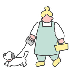 犬の散歩をするシンプルな線画女性　イラスト　