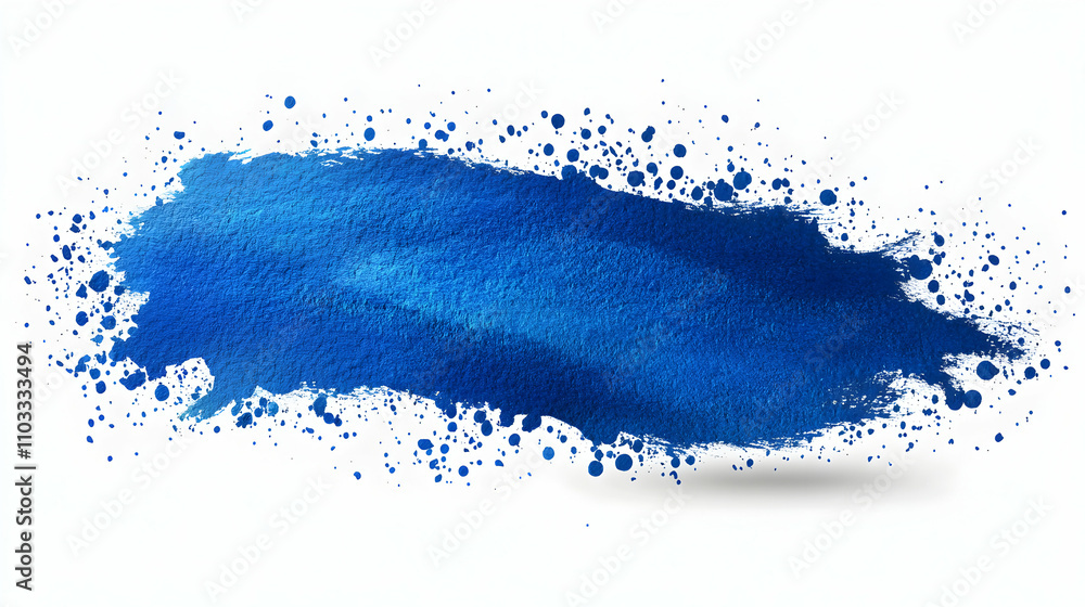Poster abstract blue paint splashes background, vibrant cobalt hue with textured brushstrokes and scattered