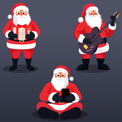 Santa Claus in Different Poses - Gift Giving, Guitar Playing, and Smartphone Use Vector Illustration