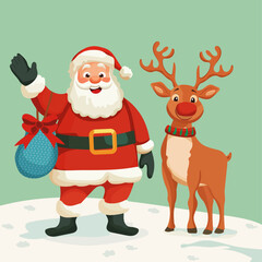 Santa Claus Waving with Reindeer Vector Illustration - Christmas Holiday Design