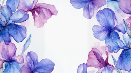 iris themed frame or border for photos and text. with intricate purple and blue blooms. watercolor illustration, white color background.


