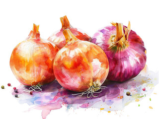 Hand-painted Watercolor of Red and Yellow Onions