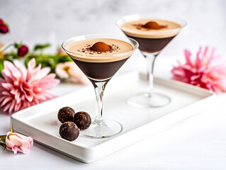 Elegant Espresso Martini Cocktails Garnished with Coffee Beans on a White Tray, Classic Coffee-Flavored Cocktail Concept